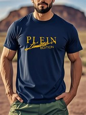 Philipp Plein Emblem T-Shirt Orange-Druck ! Blau Größe L Atmungsaktiv Neu !!