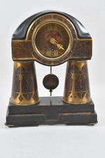 C26Q06- Erhard & Söhne Jugendstil Tischuhr Holz mit Messingintarsien um 1900/ 20