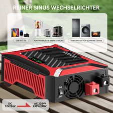 3000W 6000W Reiner Sinus Spannungswandler 24V auf 230V Wechselrichter USB+2AC