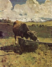 Braune Kuh an der Tränke Giovanni Segantini Landschaft Alm Natur  H A3 0308