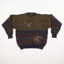 Vintage GANT Herren Pullover Gr XL Grün Braun Schurwolle Jagd-Motiv Enten Hunde