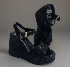 Buffalo London Wedges 37 Schwarz Glitzer Keilabsatz Riemchen Vintage High Heels