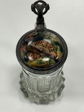 Bierkrug Glas mit Jagdmotiv auf Keramik im Zinndeckel