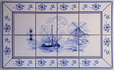 Kacheln, Fliesen Delfter Art, Bild blau/ weiß mit antikem Fliesen Rand, 10x10