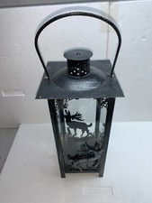 Windlicht Metall schwarz mit Glas mit Waldmotiven H=53 cm L/B=17 cm mit Stein