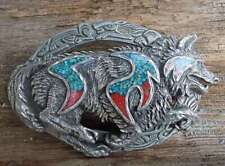 Vintage Buckle Gürtelschnalle Indianermotiv Wolf Türkis Koralle USA 1996