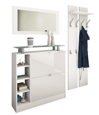 Garderobenset Schuhschrank Paneel Spiegel Weiß Sparset 3-teilig DOLLY