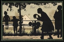 Ansichtskarte Schattenbild, Familie an der Kegelbahn 