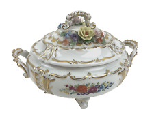 große Deckeldose Porzellan Dresden bunte Blumen Gold plastische Blüten Top