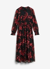 Chiffonkleid Gr. 38 Schwarz Rot Geblümt Damen Midi-Kleid Langarm Casualkleid Neu