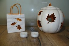 Partylite Kerzenhalter Kürbis + Blätter Herbst weiß orange Porzellan - wie Neu