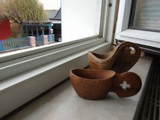 2 Deko Becher Köcher aus Holz mit Griff und Muster