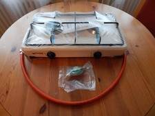 Gardinger Campingkocher, weiß, zweiflammig 30 mbar  + Gasschlauch + Regler, 