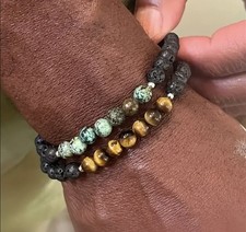 ✅Armband 2er Set Tigerauge Lavastein Afrika. Grün Edelstein Perlen Naturstein ✅