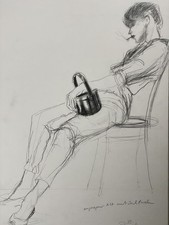 Bleistiftzeichnung Angezogener Akt mit Lacktasche sign. Peetsche Peemöller 1983
