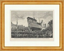 Stapellauf des Pelikan Kloppmann Schiff Werft Kaiser Holzstich E 17175 Gerahmt