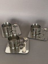 3 Espressotassen Edelstahl 18/10 Kaffeetassen Tablett Untertasse Löffel