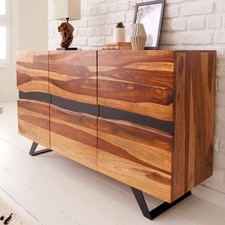 Massiv Sideboard AMAZONAS 150cm braun Sheesham Baumkante schwarzes Metallgestell