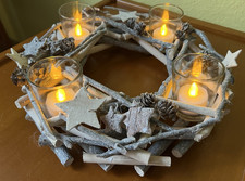 Adventskranz m. Zapfen + Sterne Holz Adventsgesteck d =30 cm Weihnachtskranz NEU
