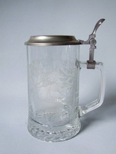 Vintage ALWE Bierseidel geschliffen Bierkrug aus Glas Zinn Klappdeckel aus 70er