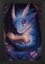 Blauer Drache liest ein Buch