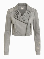 Esprit Jeansjacke Grau S 36 Kurz Cropped Biker Stil Nieten Used Look