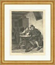 Harter Entschluß Leisten Bierkrug Hunde Wirtshaus Hut Holzstich E 4573 Gerahmt