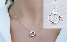 925 Silber Zirkonia Steine Halbmond Stern Damen Hals Kette Fahne Mond