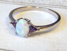 Gr. 17 RING mit FEUER OPAL weiß lab. + AMETHYST cz. - 925 Sterling SILBER edel