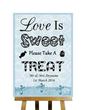 Blue Shabby Chic Love Is Sweet Candy Bar Wagen Buffet personalisiertes Hochzeitsschild