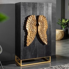 Extravagantes Highboard ANGEL 140cm schwarz Mangoholz mit goldenen Flügeln