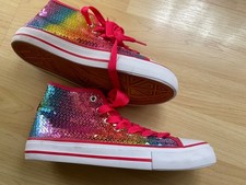 Sexy Pailetten Schnür Schuhe knöchelhoch regenbogenfarben pink gelb ua Gr 38 NEU