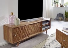 skandi TV Board natur Akazie Massivholz Retro Lowboard 145x45 bereits aufgebaut