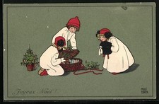 Künstler-AK Pauli Ebner: Drei kleine Mädchen mit Weihnachtsgeschenken, Puppe, M 