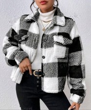 Teddy Jacke mit Buffalo Plaid Muster, Drop Shoulder Pattentaschen Plüsch Kariert