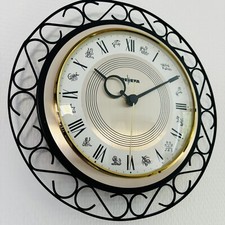 PEWETA / JUNGHANS 60s 70s Wanduhr Metall schwarz-gold Zodiac MCM Vintage *TOP