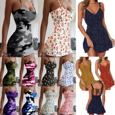 Frauen Sexy Figurbetontes Mini Tank Kleid Damen Spaghetti Band Party Clubwea ³