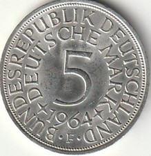 5 DM BRD 1964 F, STUTTGART, SILBER, in sehr gutem Zustand, selten!