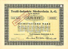 Textil-Industrie Niederrhein Mönchengladbach Aktie 1923 hist. Textil Wertpapier