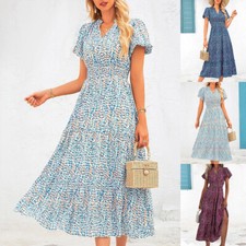 Damen Blumen V-Neck Midikleid