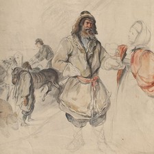 Józef Teofil Smoliński Trachten Bärenjagd unsign Aquarell Tuschfeder Ende 19 Jhd