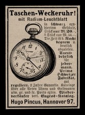 Alte Werbung Reklame 1910 Taschen-Weckeruhr Radium-Leuchtblatt Pincus Hannover