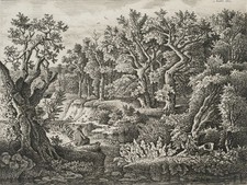 Angler am Fluss bei altem Wald,  1859, Radierung Romantik Unbekannt (19.Jhd)
