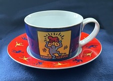 Keith Haring Porzellan XXL Kaffeetasse + Unterteller rot blau - Geschirr Könitz