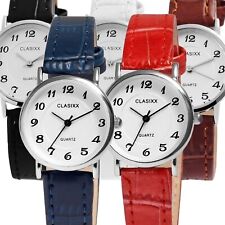 Clasixx Damen Uhr Lederimitat Armbanduhr Weiß Braun Blau Rot Schwarz Mineralglas