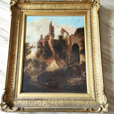 Ölbild auf Leinwand – Romantische Landschaft mit Ruine Figurenstaffage 19. Jh