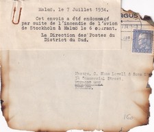 1934 AIR CRASH MAIL ANGEBRANNTER UMSCHLAG STOCKHOLM - MALMÖ SCHWEDEN -(ENGLAND)