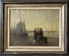 Ölbild Impressionist Hans Harländer Personen im Hafen an der Nordsee
