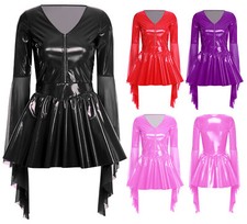 DE Damen Wetlook Lackleder Party Minikleid Punk-Stil Cocktail Kleid Tanzkleidung