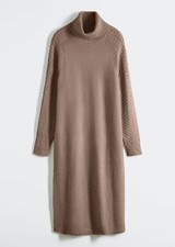 Strickkleid mit Zopfmuster am Ärmel Gr. 32/34 Taupe Midi-Kleid Langarm Dress Neu